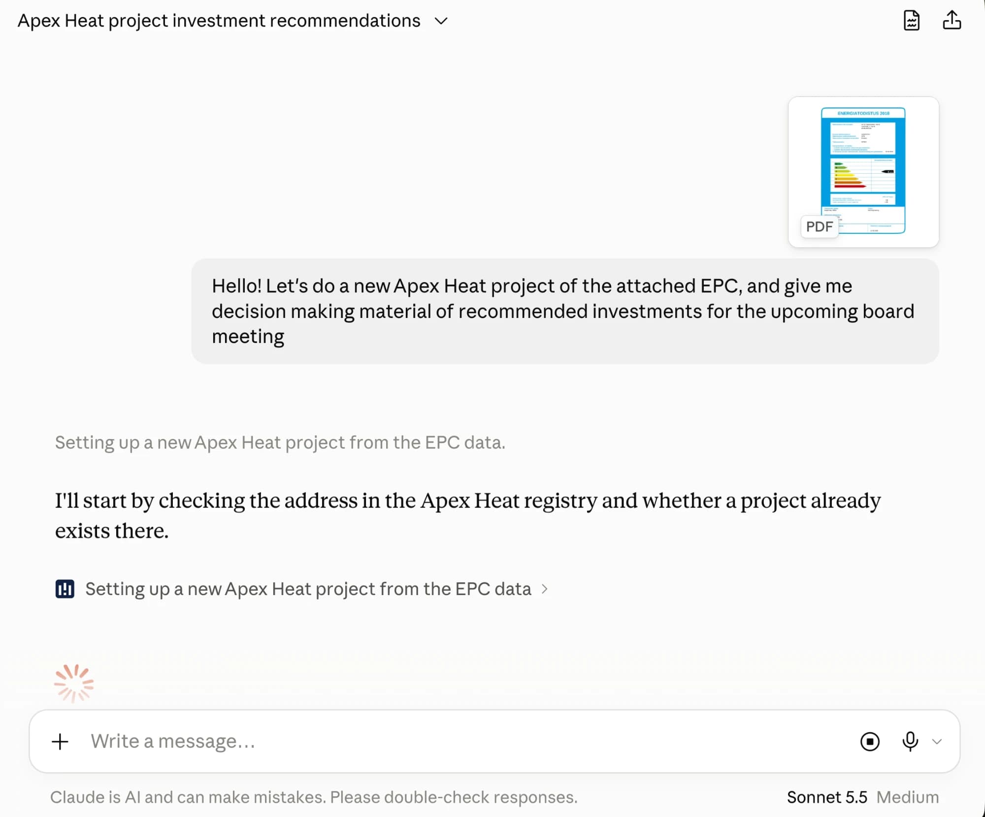 A Claude conversation with the Apex Heat connector: the user attaches an Energy Performance Certificate PDF and asks for a new Apex Heat project and decision material on the recommended investments for an upcoming board meeting.